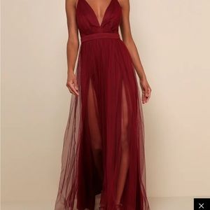 Burgundy Tulle Backless Maxi Dress